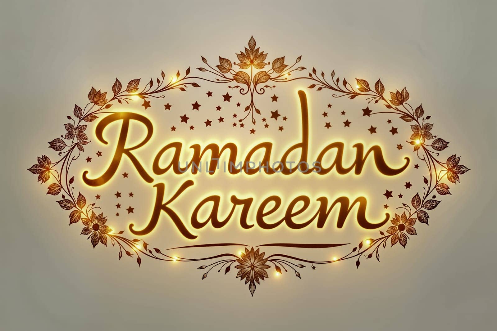 A beautifully designed Ramadan Kareem calligraphy with a warm golden glow, surrounded by intricate floral patterns. A perfect symbol of celebration and spirituality.