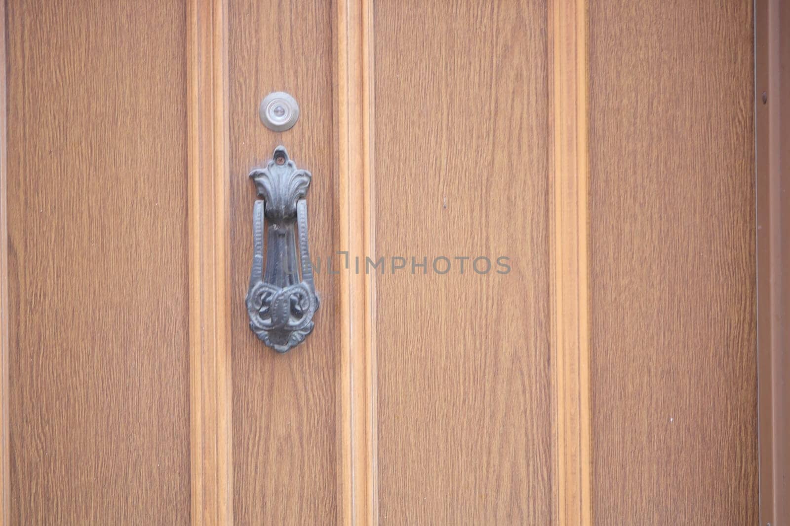 A close-up of a finely crafted wooden door featuring a decorative knocker.
