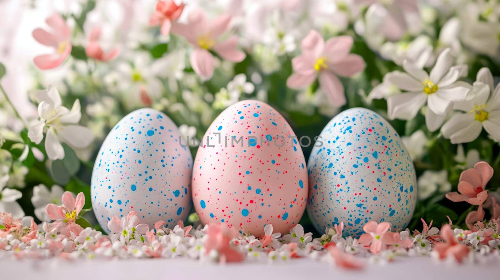 Easter eggs with blue and pink specks among spring flowers. Colorful composition for a festive Easter mood. AI generated.