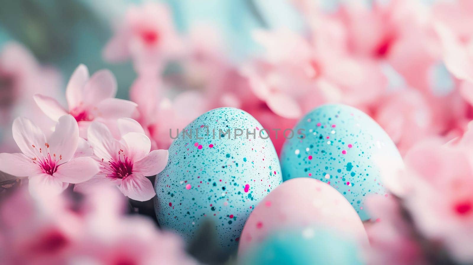 Easter eggs with blue and pink specks among spring flowers. Colorful composition for a festive Easter mood. AI generated.