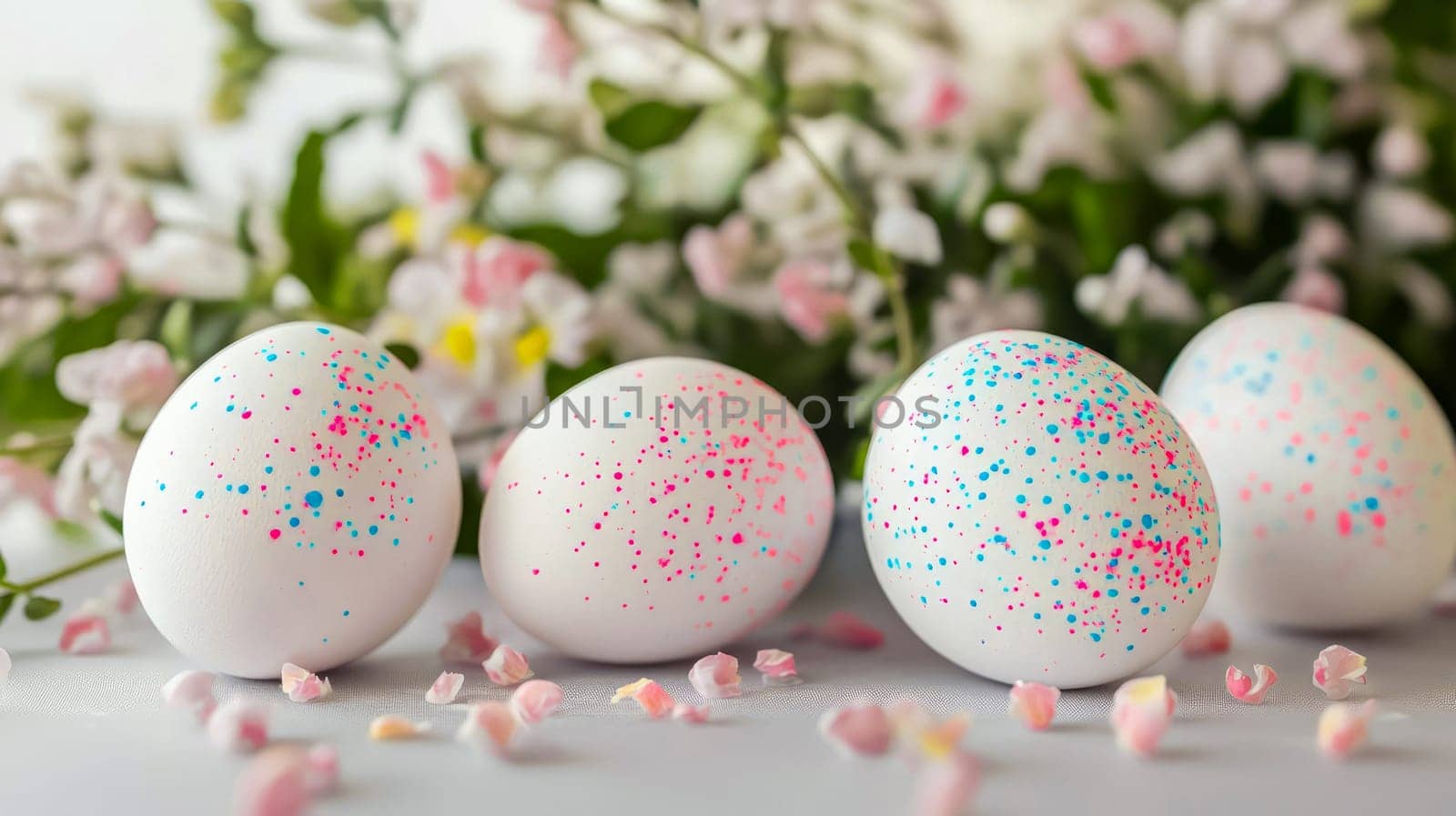 Easter eggs with blue and pink specks among spring flowers. Colorful composition for a festive Easter mood. AI generated.