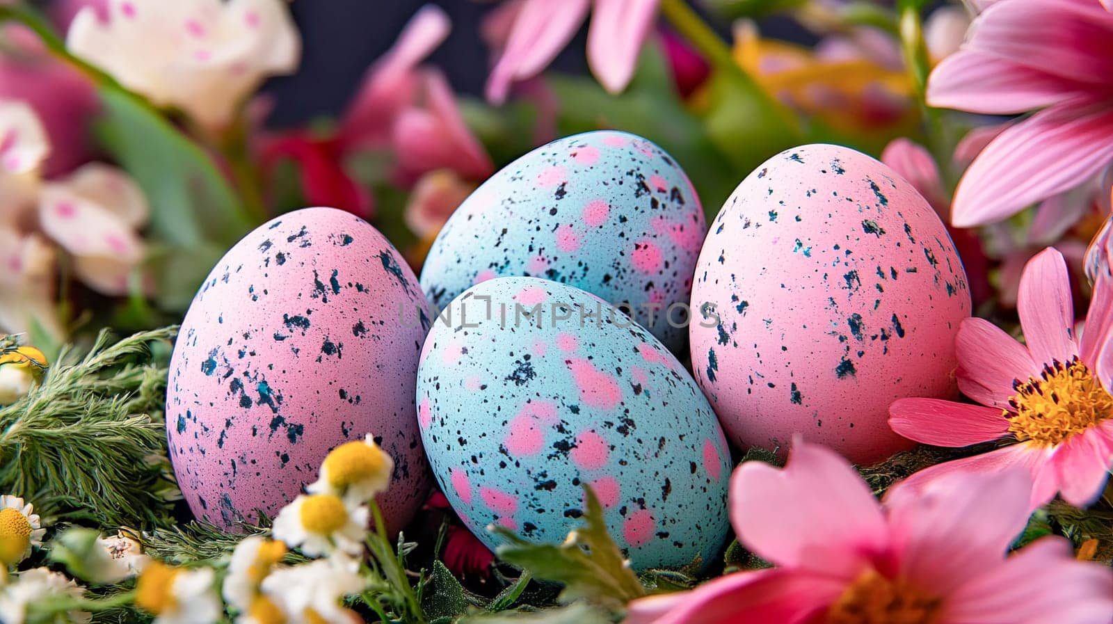 Easter eggs with blue and pink specks among spring flowers. Colorful composition for a festive Easter mood. AI generated.