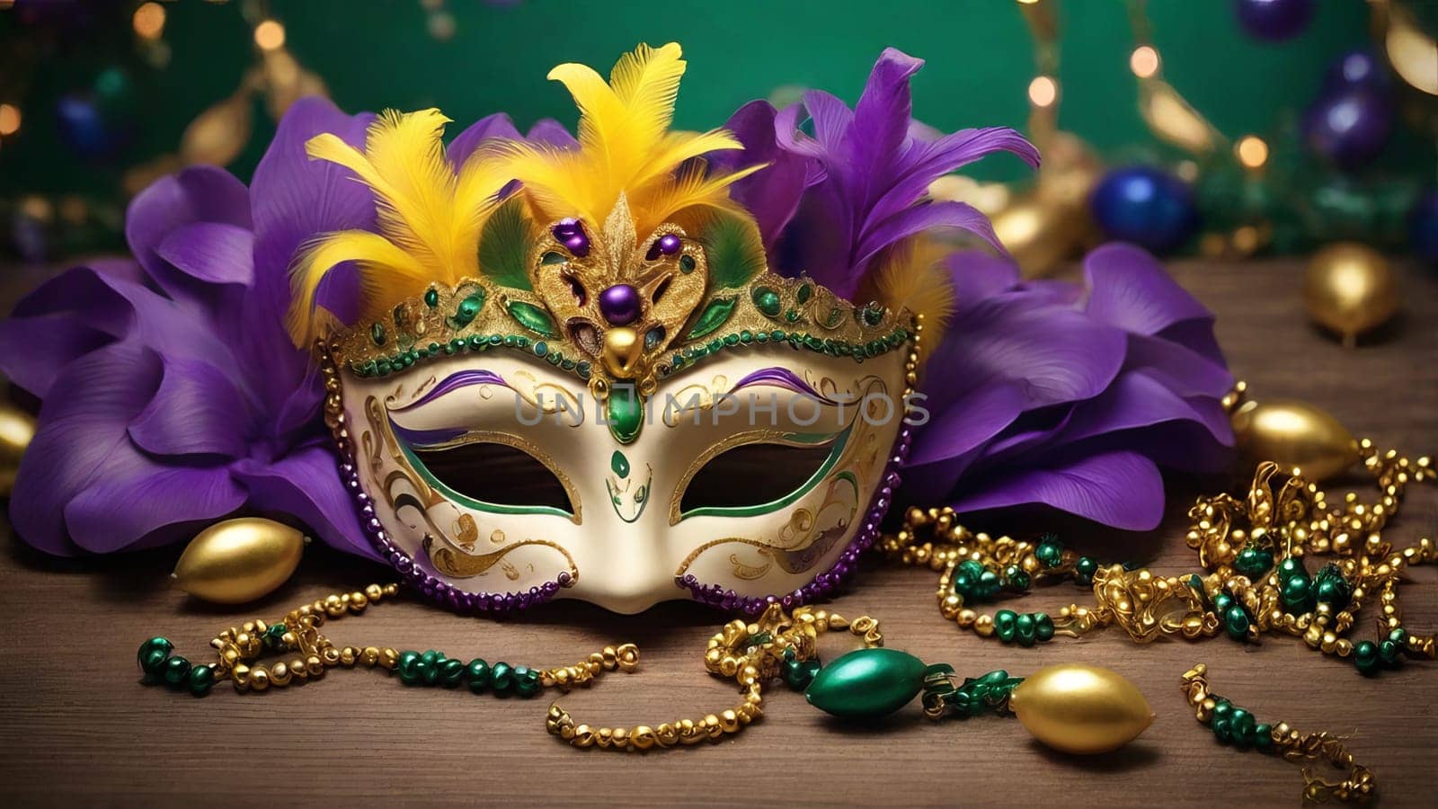 Golden carnival mask with purple feathers and beads on dark background.