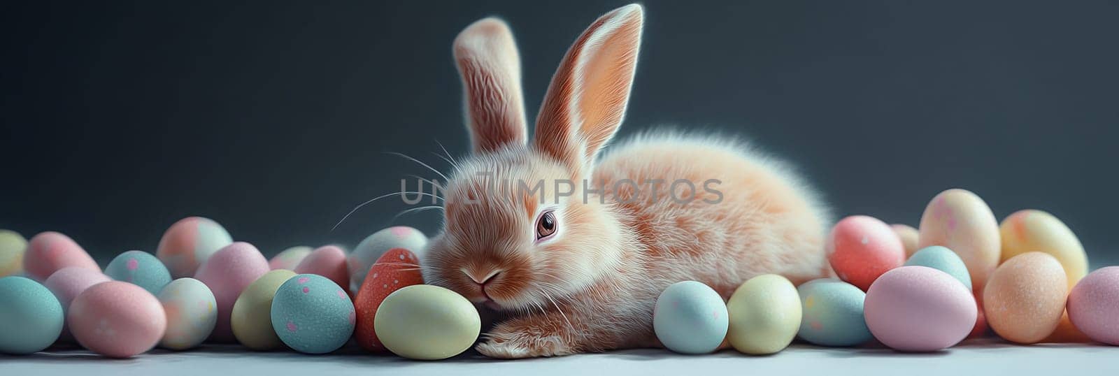 Adorable Easter bunny nestled amidst vibrant painted eggs, set against a soft pastel background with floral elements, evoking springtime joy and festive celebration.