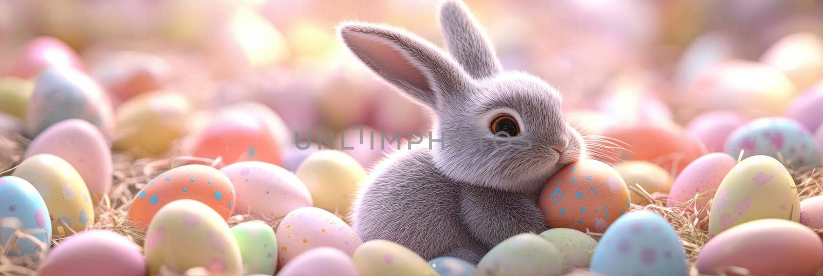 Adorable Easter bunny nestled amidst vibrant painted eggs, set against a soft pastel background with floral elements, evoking springtime joy and festive celebration.