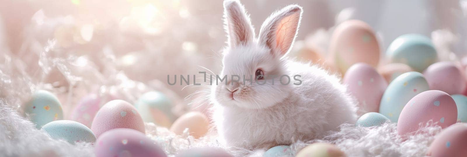 Adorable Easter bunny nestled amidst vibrant painted eggs, set against a soft pastel background with floral elements, evoking springtime joy and festive celebration.