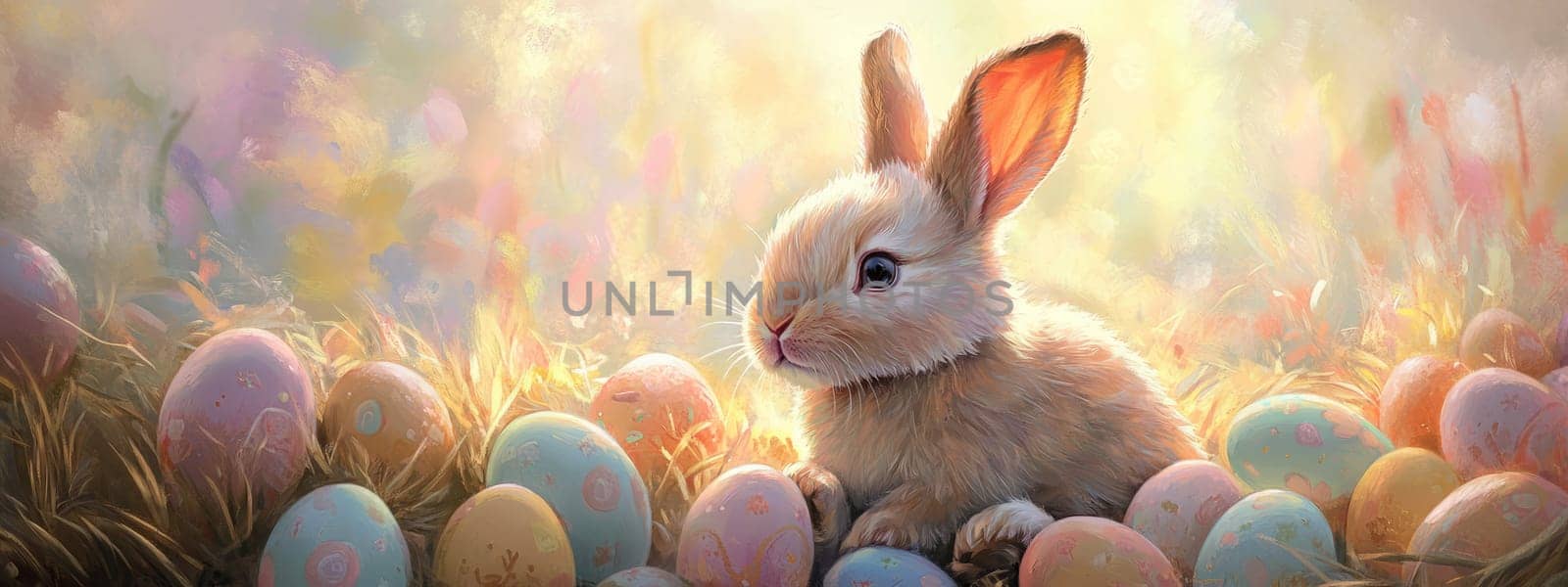 Adorable Easter bunny nestled amidst vibrant painted eggs, set against a soft pastel background with floral elements, evoking springtime joy and festive celebration.