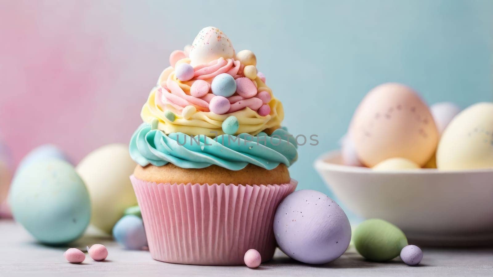 Easter-themed cupcakes with pastel frosting and cute chick decorations.