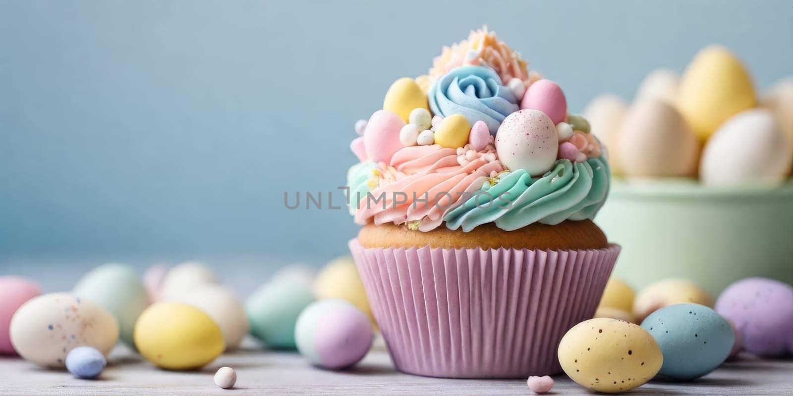 Easter-themed cupcakes with pastel frosting and cute chick decorations.