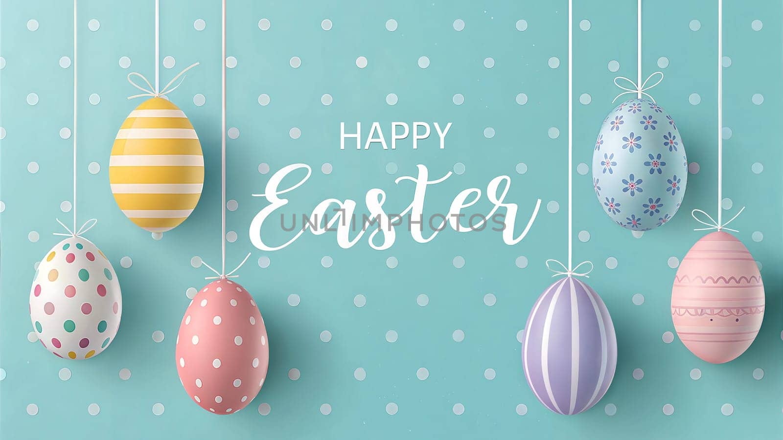 A vibrant and playful Happy Easter banner with several hanging decorated Easter eggs in pastel colors and patterns. Perfect for springtime celebrations, Easter decorations, and festive events