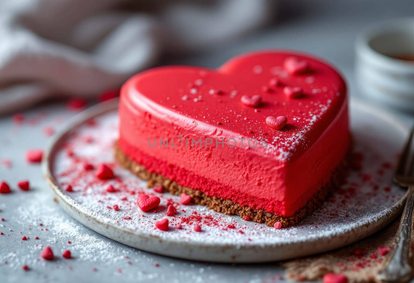 Heart-shaped mousse cake for Valentine's Day with copy space for text. Dessert with Valentine's Decorations and Powdered Sugar Garnish.