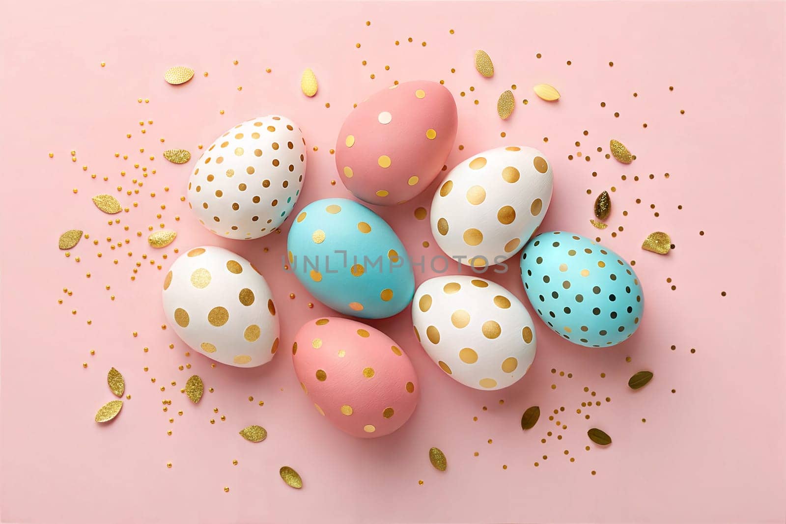 A vibrant flat lay of Easter eggs in pastel shades of pink, blue, and white, decorated with golden dots and surrounded by golden glittery decorations on a soft pink background.