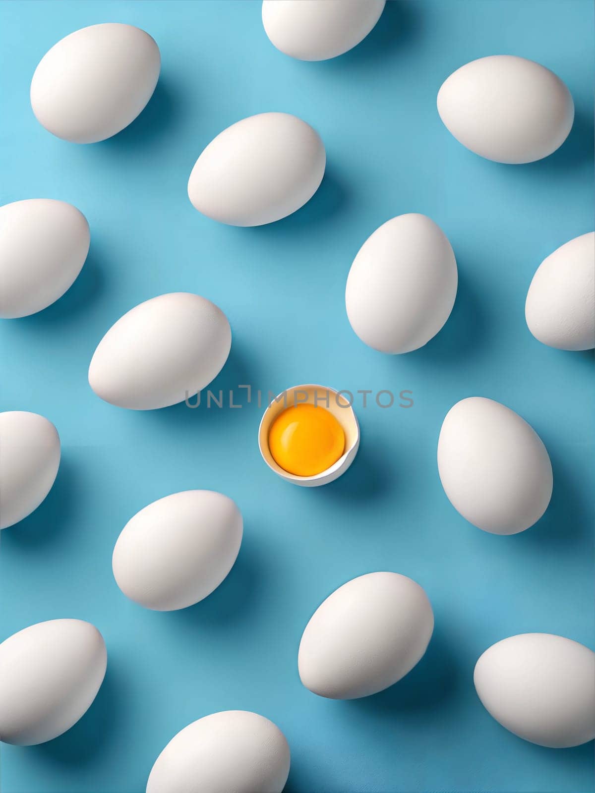 A group of white eggs scattered on a vibrant blue background, with one egg cracked open to reveal a bright yellow yolk, creating a minimalist, clean food composition.
