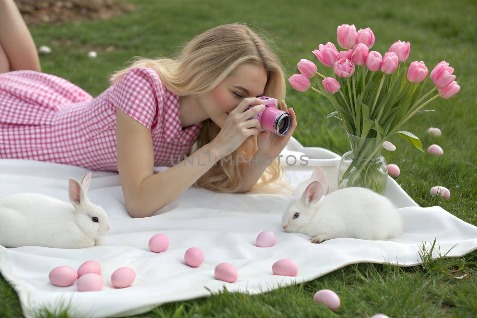 A young woman in a pink checkered dress is photographing two white bunnies while surrounded by pink Easter eggs and vibrant tulips during a spring picnic on a blanket.