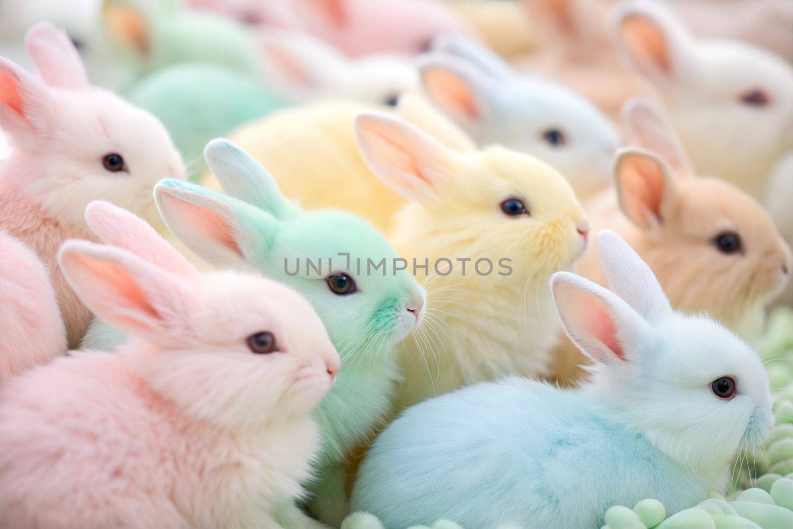 A close-up of a group of adorable pastel-colored baby bunnies in pink, green, yellow, and blue. Perfect for Easter or spring-themed designs and decorations. Easter concept.