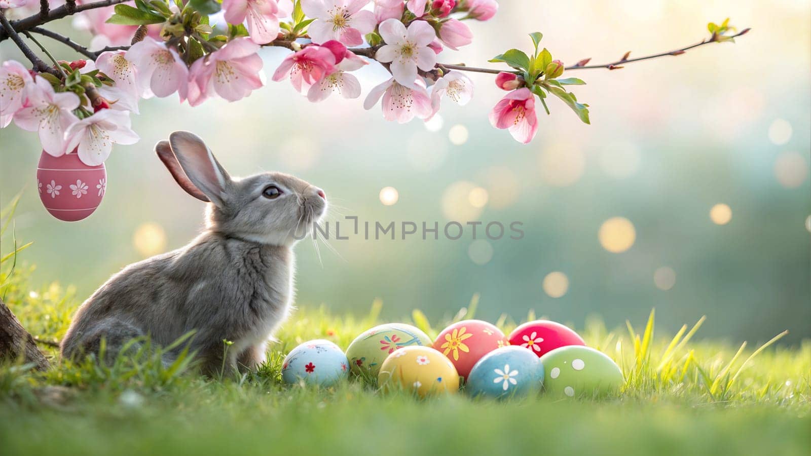 A cute gray Easter bunny surrounded by colorful decorated eggs and blooming pink flowers in a vibrant spring garden. Perfect for Easter celebrations