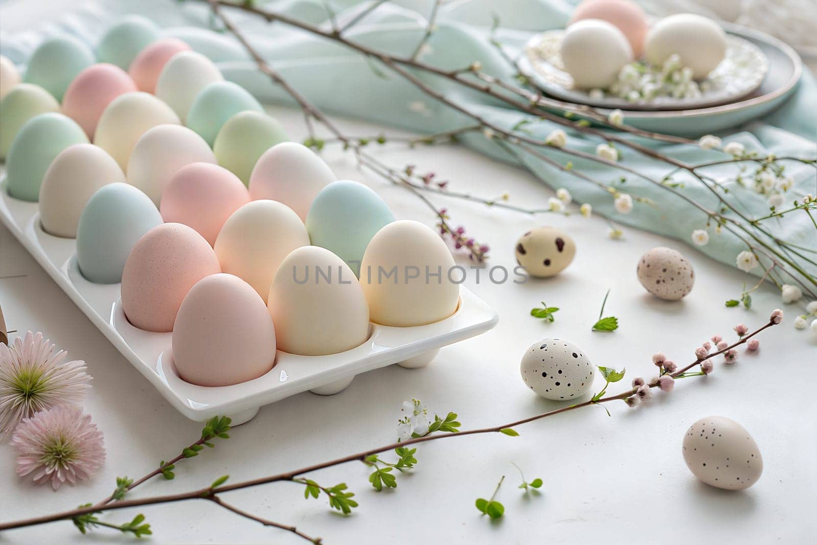 A beautiful flat lay of pastel-colored Easter eggs in a white egg carton, surrounded by delicate flowers and sprigs, ideal for a spring or Easter celebration.