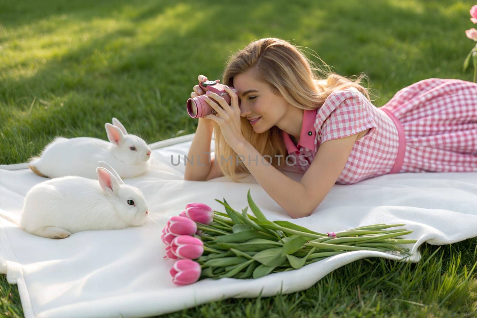 A young woman in a gingham dress enjoys photographing white bunnies and pink tulips on a blanket outdoors, capturing a peaceful spring moment.