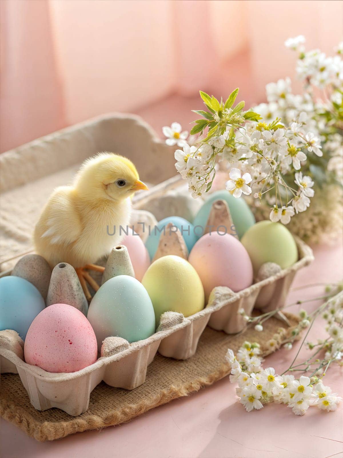 A soft Easter scene featuring a small yellow chick beside pastel-colored eggs, surrounded by delicate white flowers, evoking the joy and renewal of spring.