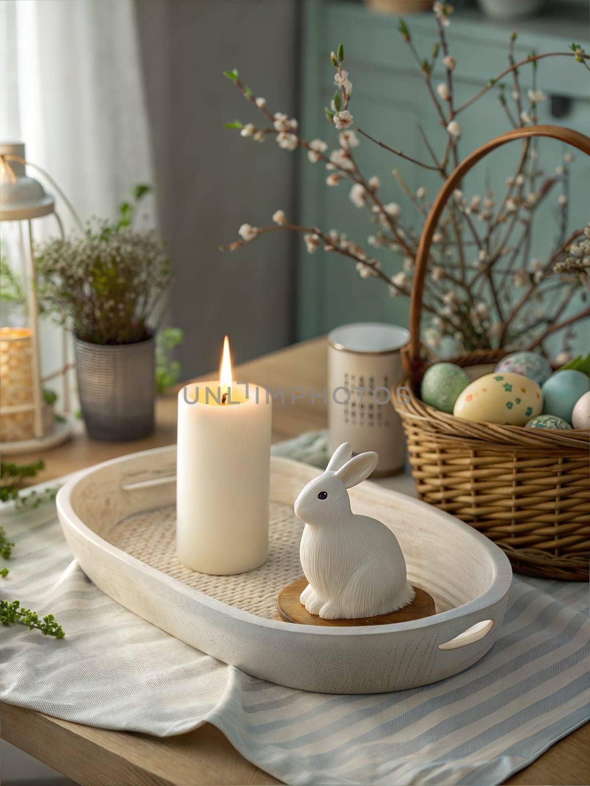 A charming Easter-themed setup with a bunny figurine, a lit candle, colorful eggs, and fresh spring branches. A perfect example of festive decoration for Easter.