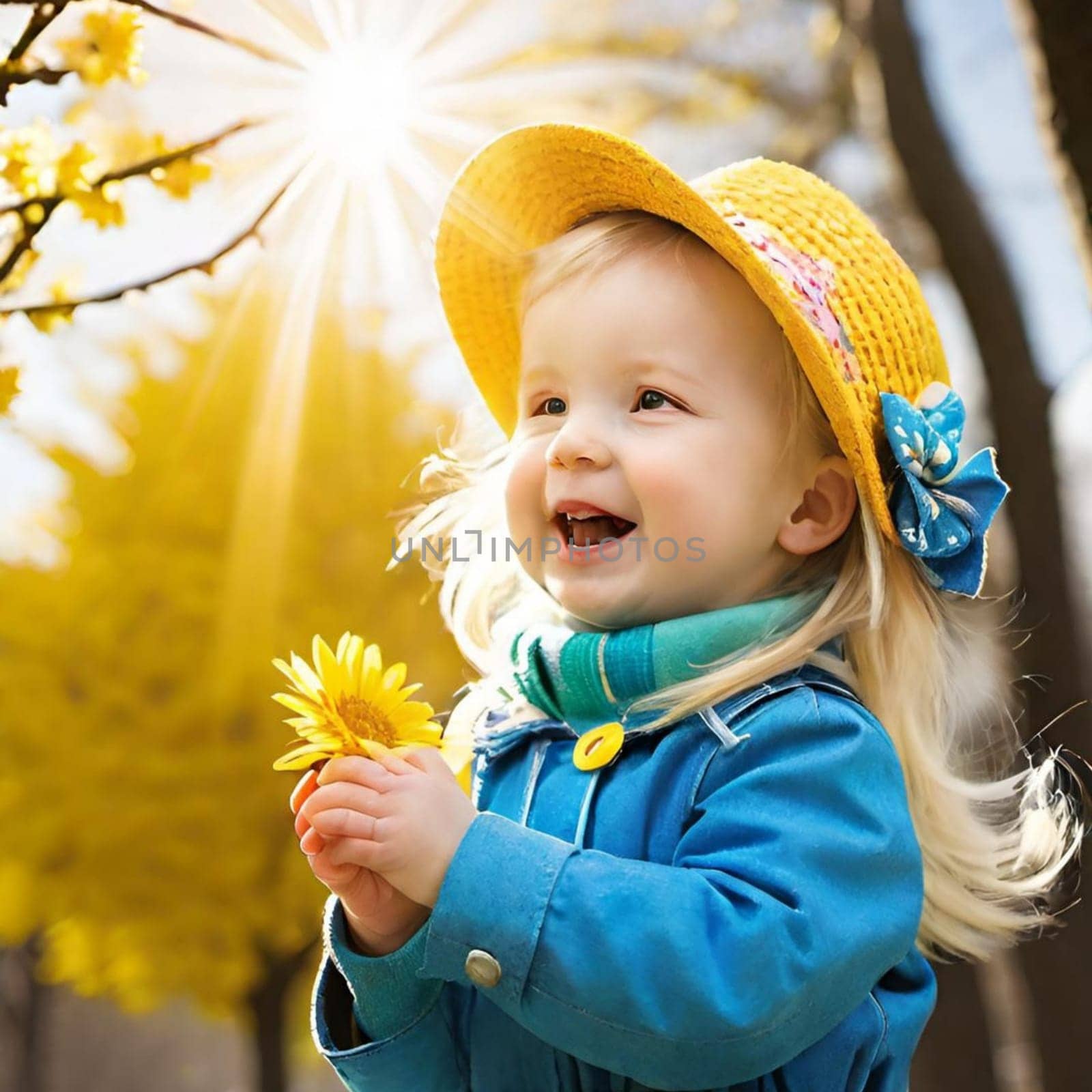 girl child smiling in yellow hat spring autumn forest trees leaves blue coat joy happiness family. High quality 3d illustration generated ai alt