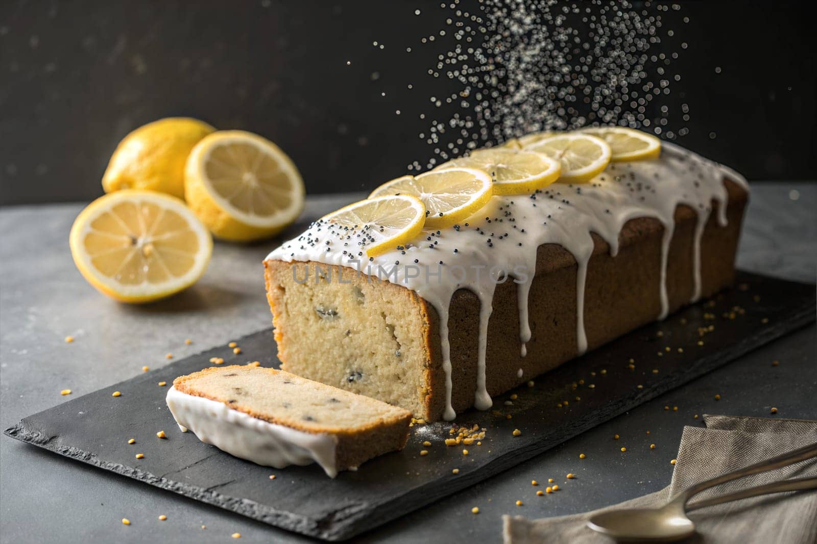 A delicious lemon poppy seed cake drizzled with glaze, topped with fresh lemon slices and poppy seeds on dark background. A perfect treat for a refreshing, citrusy dessert