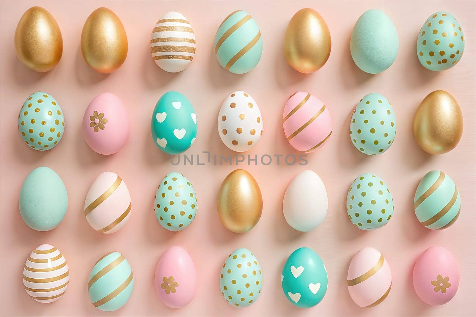 A vibrant flat lay of beautifully decorated Easter eggs in pastel colors with gold accents, perfect for Easter celebrations and springtime decor. Easter concept