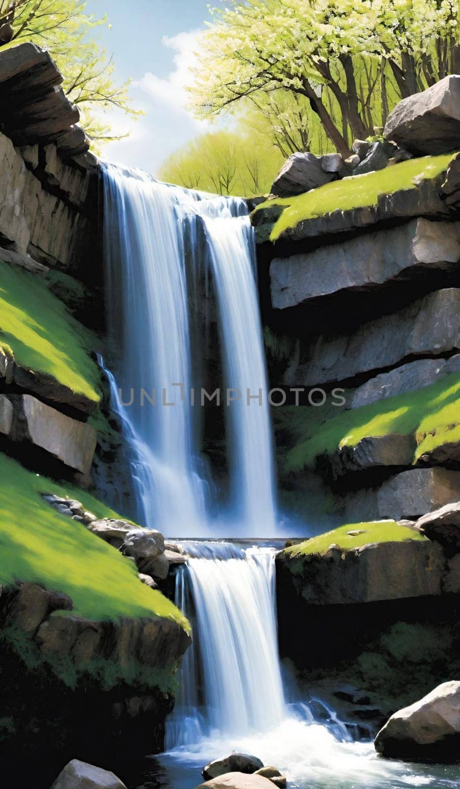 waterfall water forest nature green stones landscape background trees summer travel generated ai alt illustration blue . High quality 3d illustration