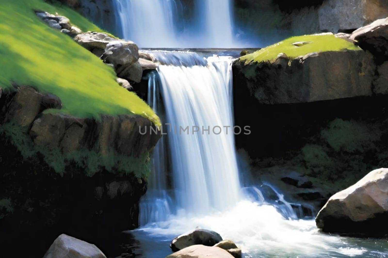 waterfall water forest nature green stones landscape background trees summer travel generated ai alt illustration blue . High quality 3d illustration