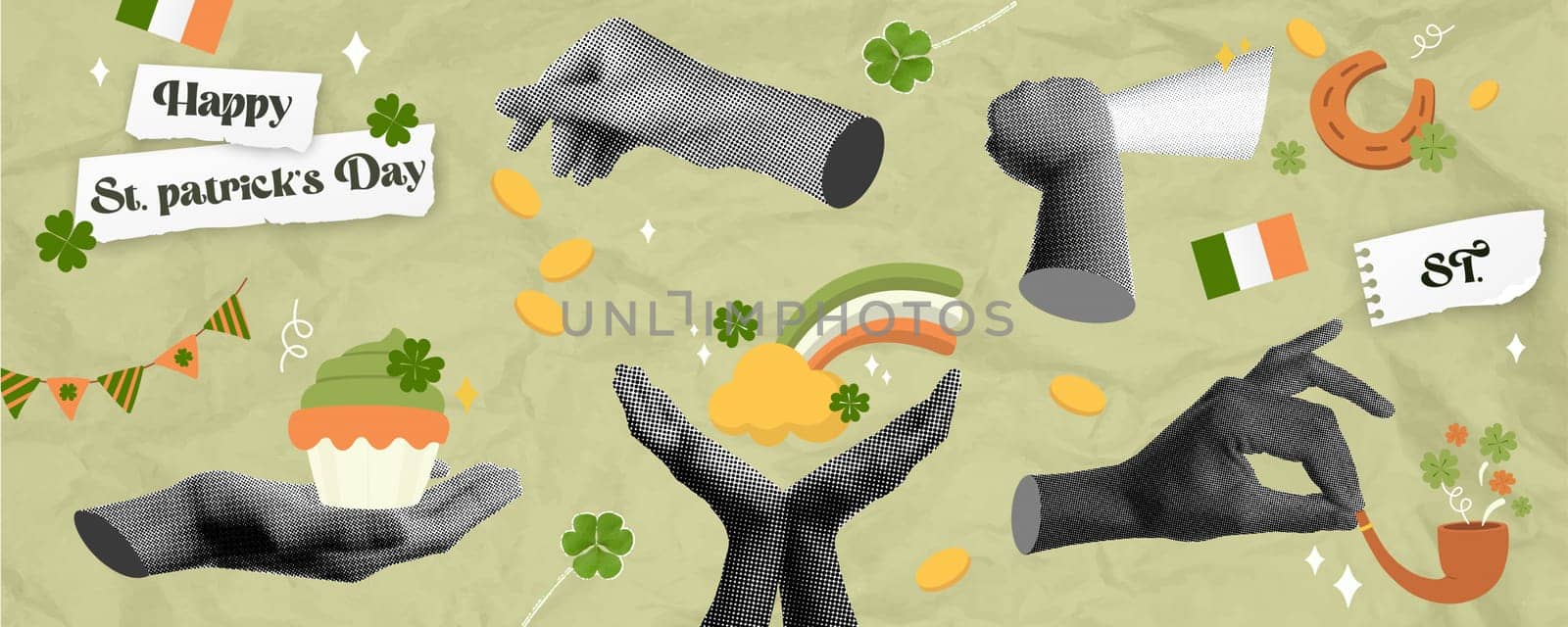 A vibrant showcasing hands celebrating St. Patrick's Day, featuring cupcakes, clovers, and festive decorations, perfect for holiday-themed designs.