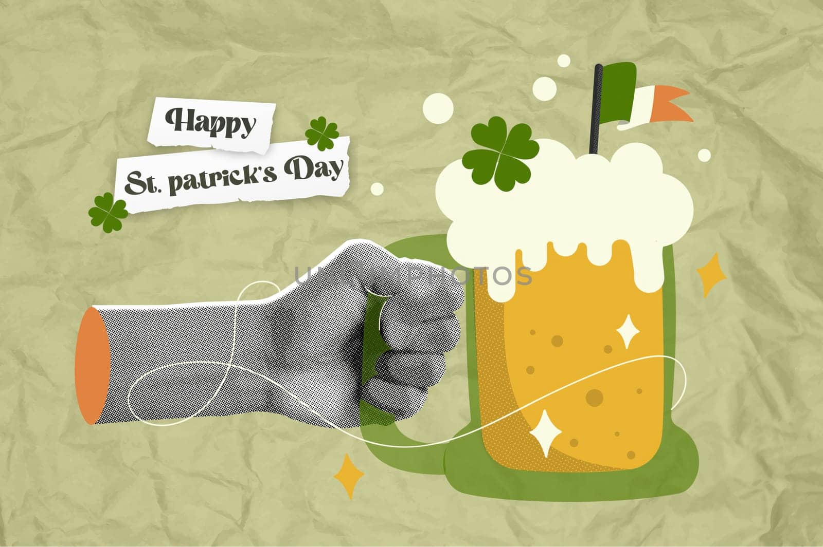 A lively celebrating St. Patrick Day, featuring a beer mug, clover leaves, and a festive hand gesture set against a textured background.