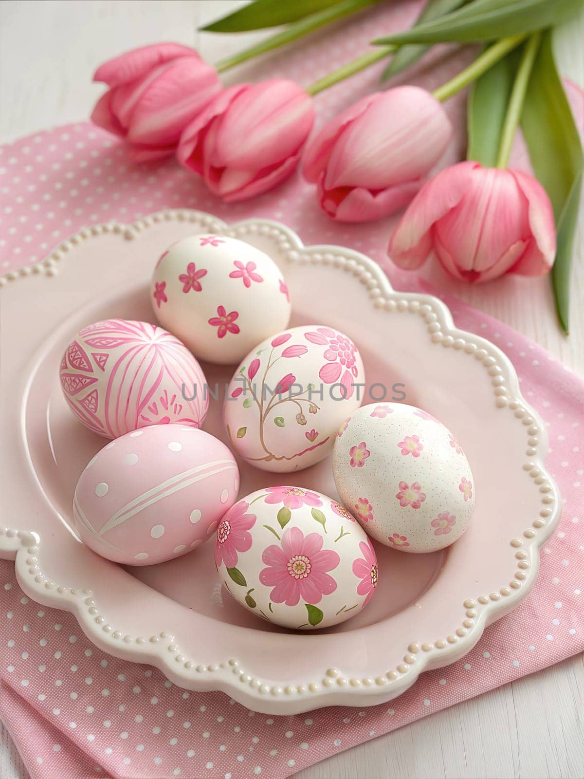 A close-up shot of pink and white Easter eggs decorated with floral patterns on a plate, with pink tulips in the background, perfect for spring or Easter celebrations.