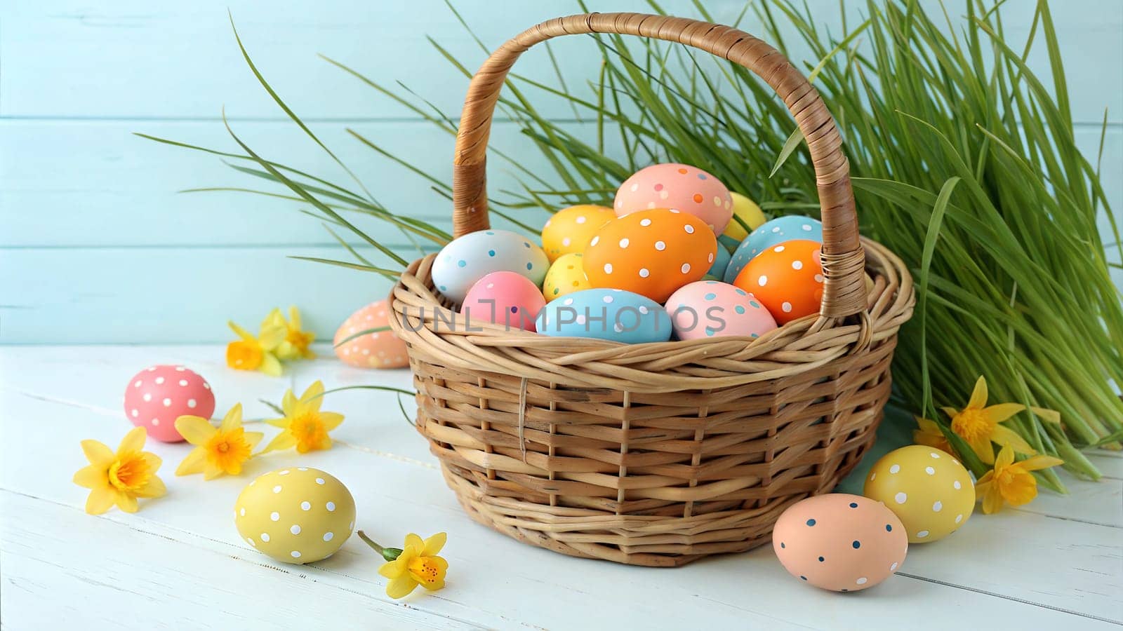 A beautiful Easter scene featuring a basket filled with vibrant pastel Easter eggs, accented by fresh yellow daffodils and green grass, perfect for spring celebrations.