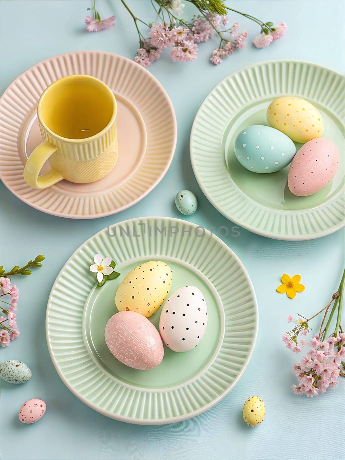 A serene Easter-themed arrangement featuring pastel-colored tableware, decorated Easter eggs, and delicate spring flowers, perfect for a festive and stylish spring celebration.