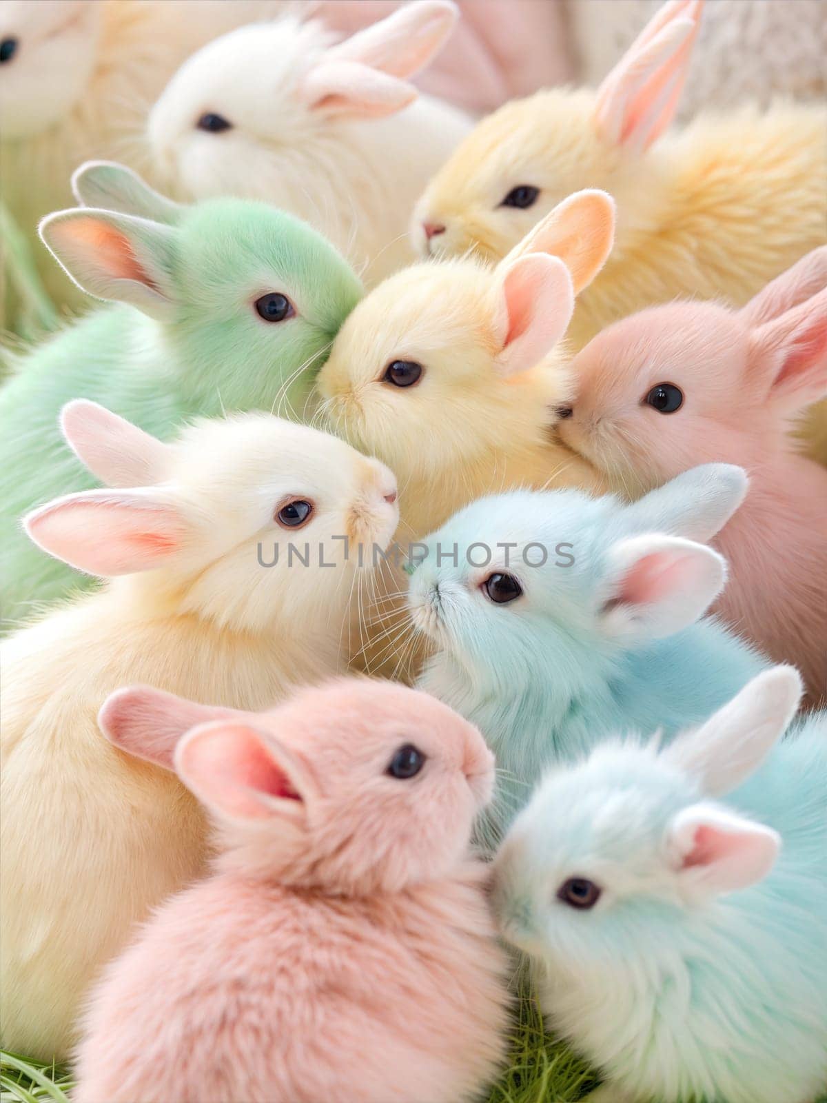 A close-up of a group of adorable pastel-colored baby bunnies in pink, green, yellow, and blue. Perfect for Easter or spring-themed designs and decorations. Easter concept.