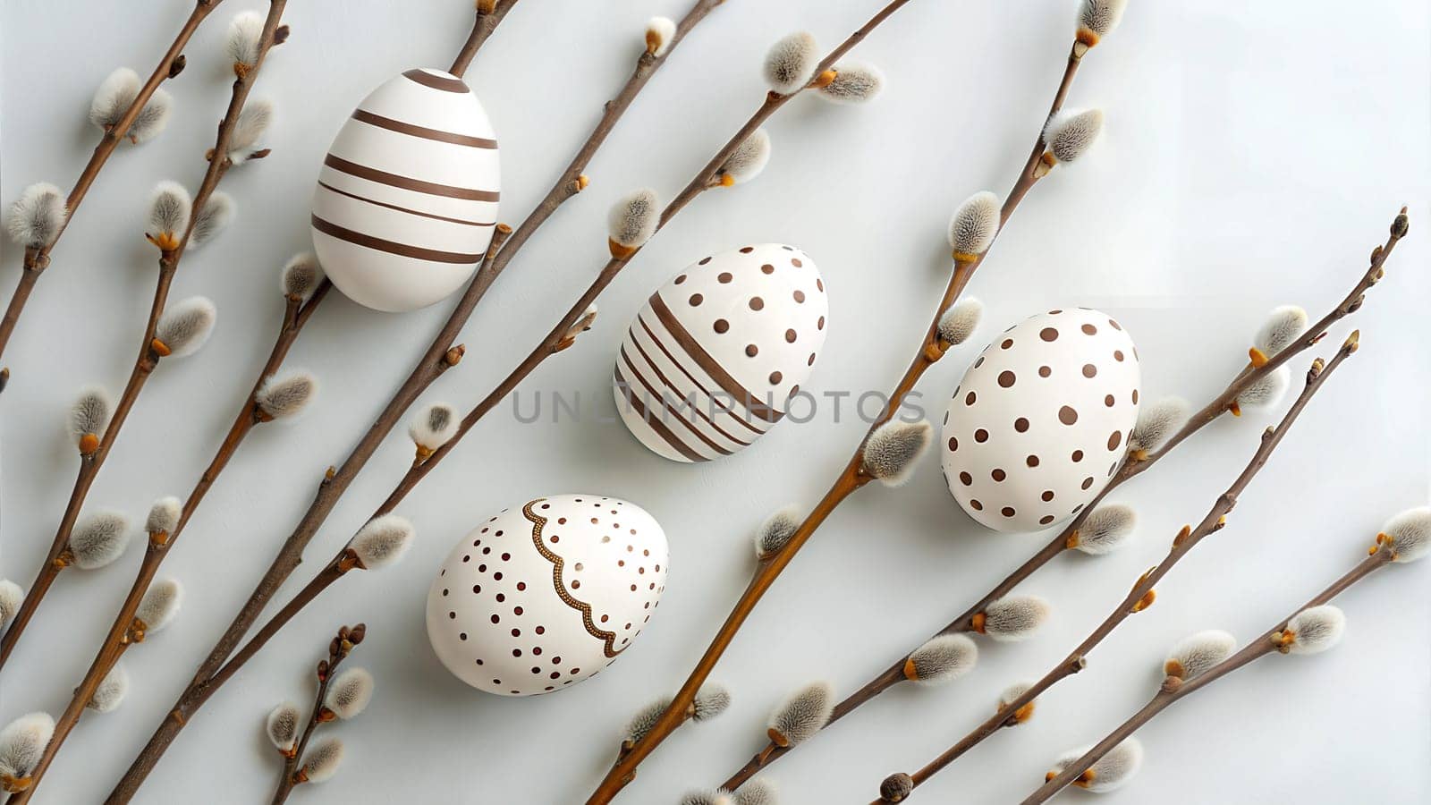 A beautiful flat lay of Easter eggs with brown stripes and polka dots arranged next to willow branches, perfect for a minimalist spring or Easter decoration. Easter concept.
