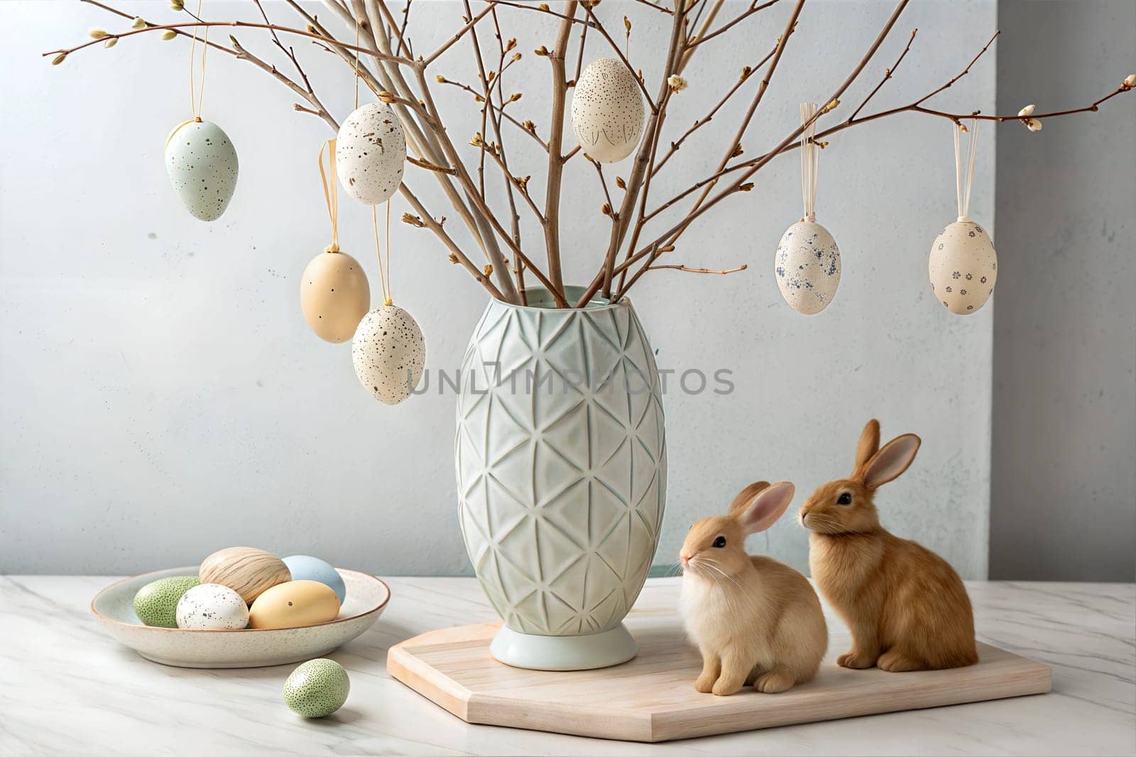 A serene pastel-themed Easter centerpiece featuring hanging eggs, a decorative bunny, and a minimalist vase with delicate twigs. Perfect for spring holiday decor.