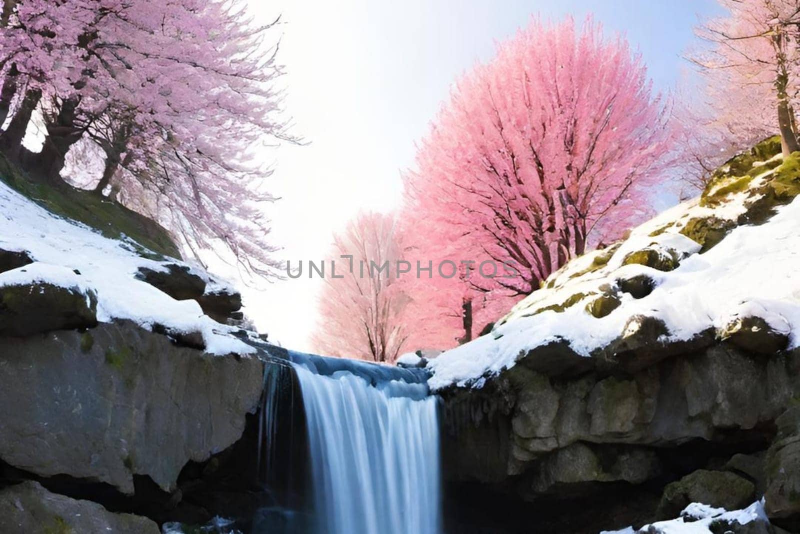 waterfall water forest nature green stones pink landscape background trees pink white snow spring travel generated ai alt illustration blue . High quality 3d illustration