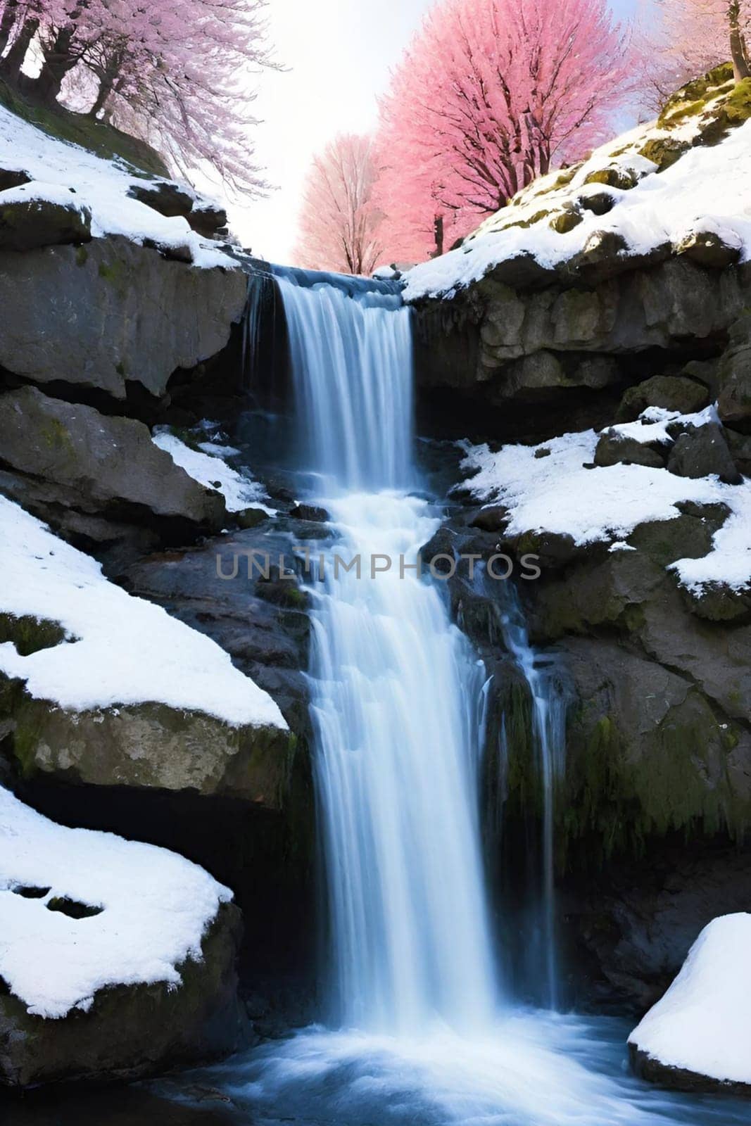 waterfall water forest nature green stones pink landscape background trees pink white snow spring travel generated ai alt illustration blue . High quality 3d illustration