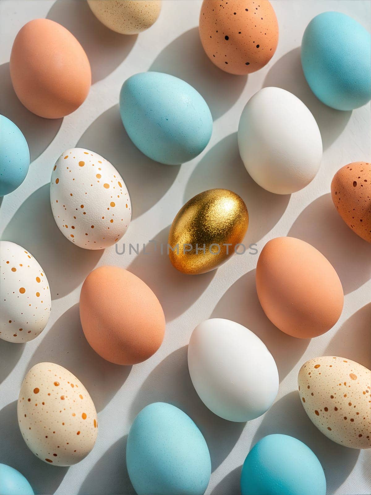 A beautiful flat lay arrangement of pastel-colored Easter eggs, including a shiny gold egg at the center. Perfect for Easter or spring-themed decor.