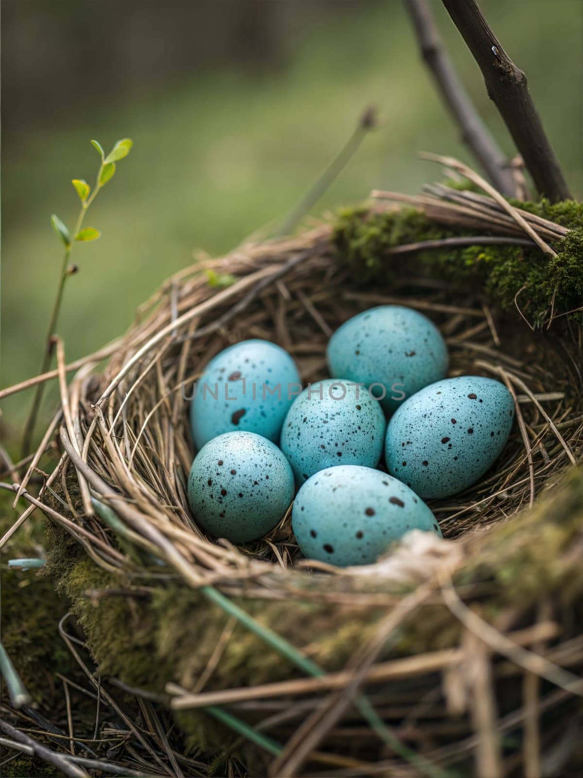 A close-up view of a nest filled with blue speckled eggs, set on a green background with moss and twigs, evoking a peaceful spring or Easter scene.