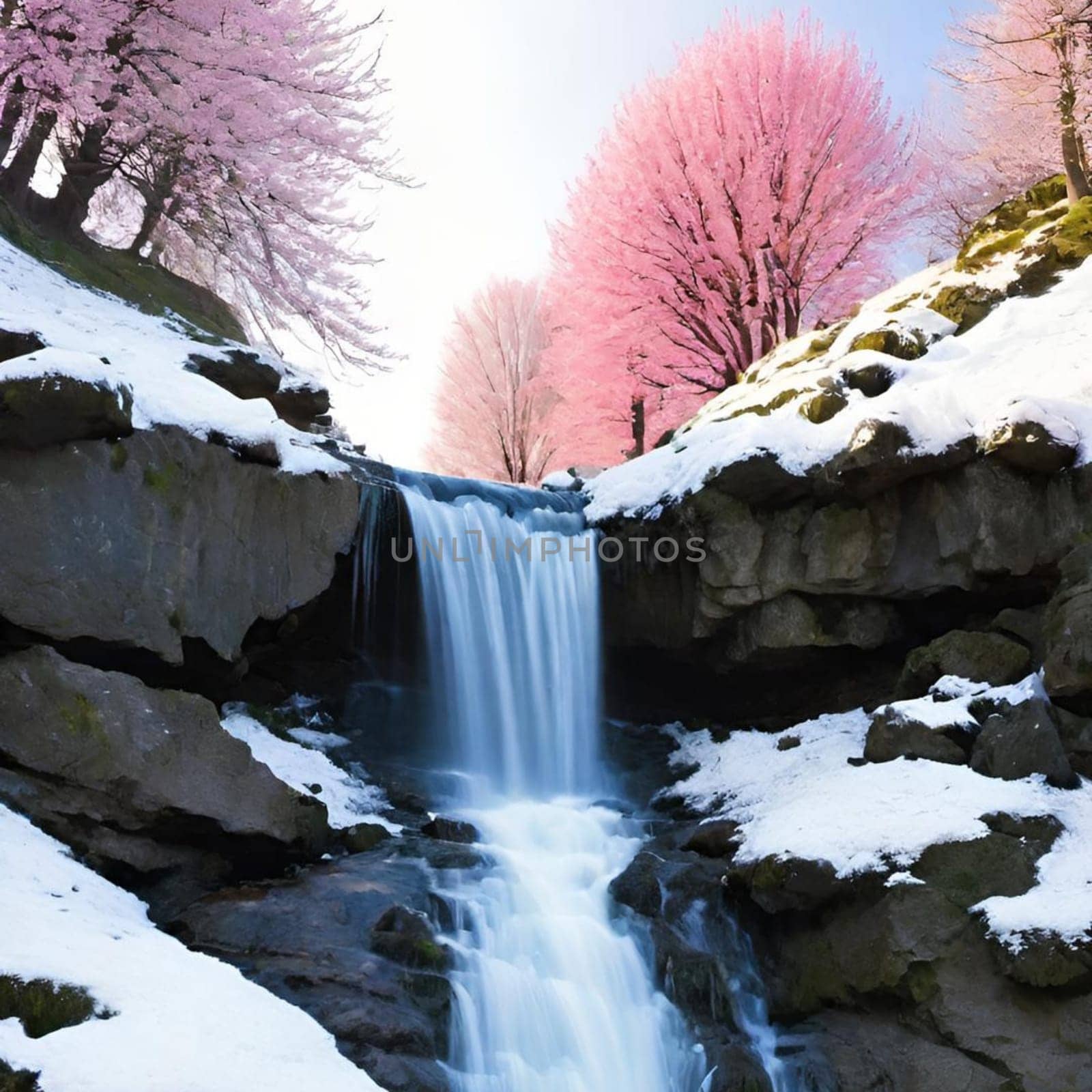 waterfall water forest nature green stones pink landscape background trees pink white snow spring travel generated ai alt illustration blue . High quality 3d illustration