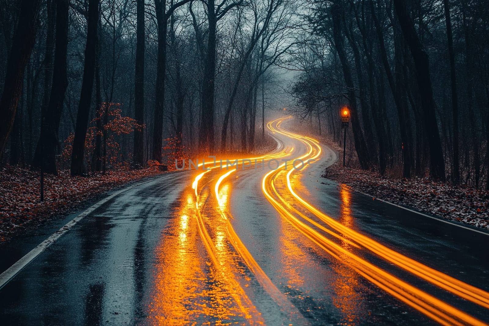 Bright light stripes on the highway outside the city at night.
