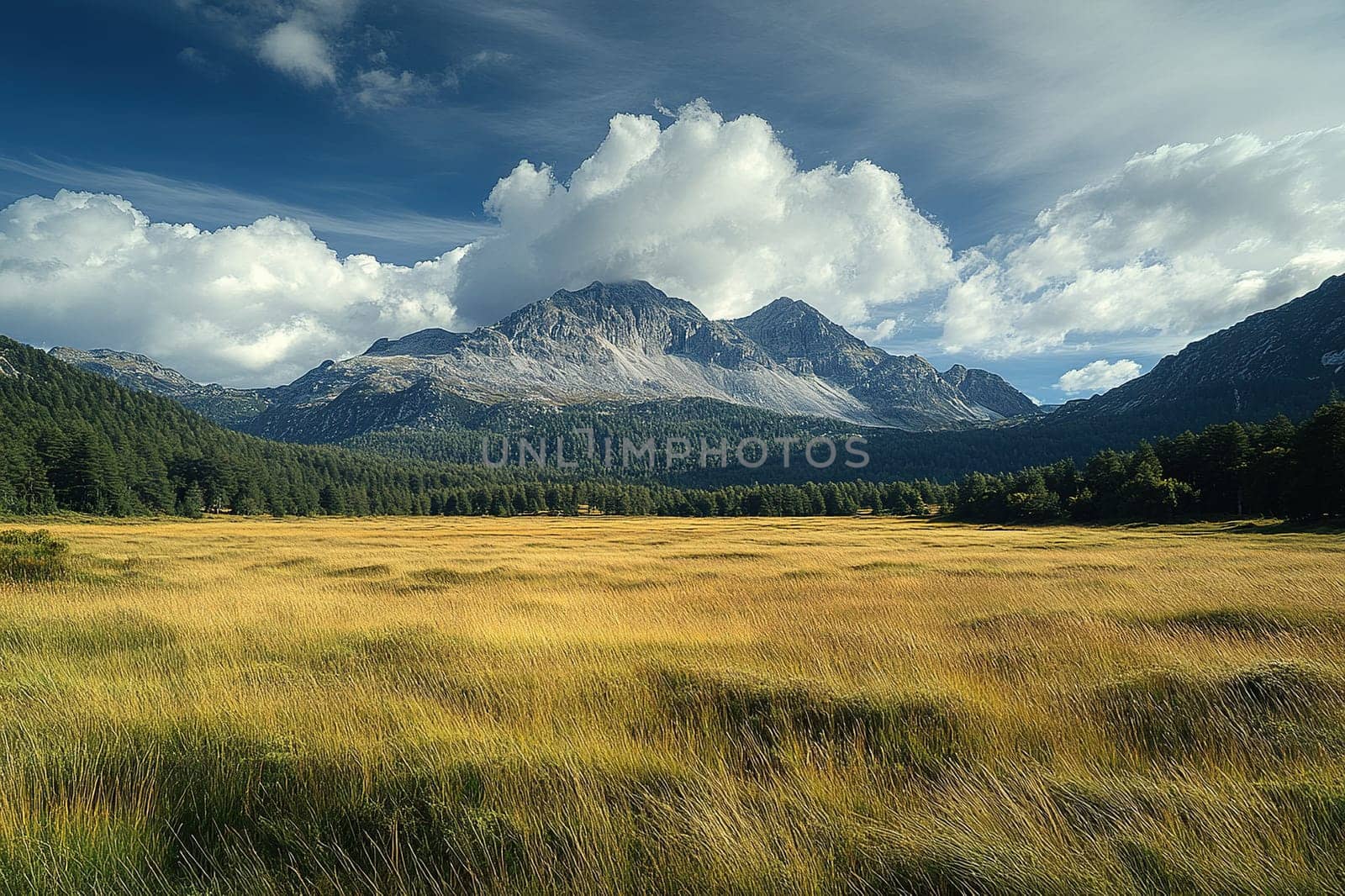 Panoramic view of mountain with forest under blue sky with clouds. Landscape