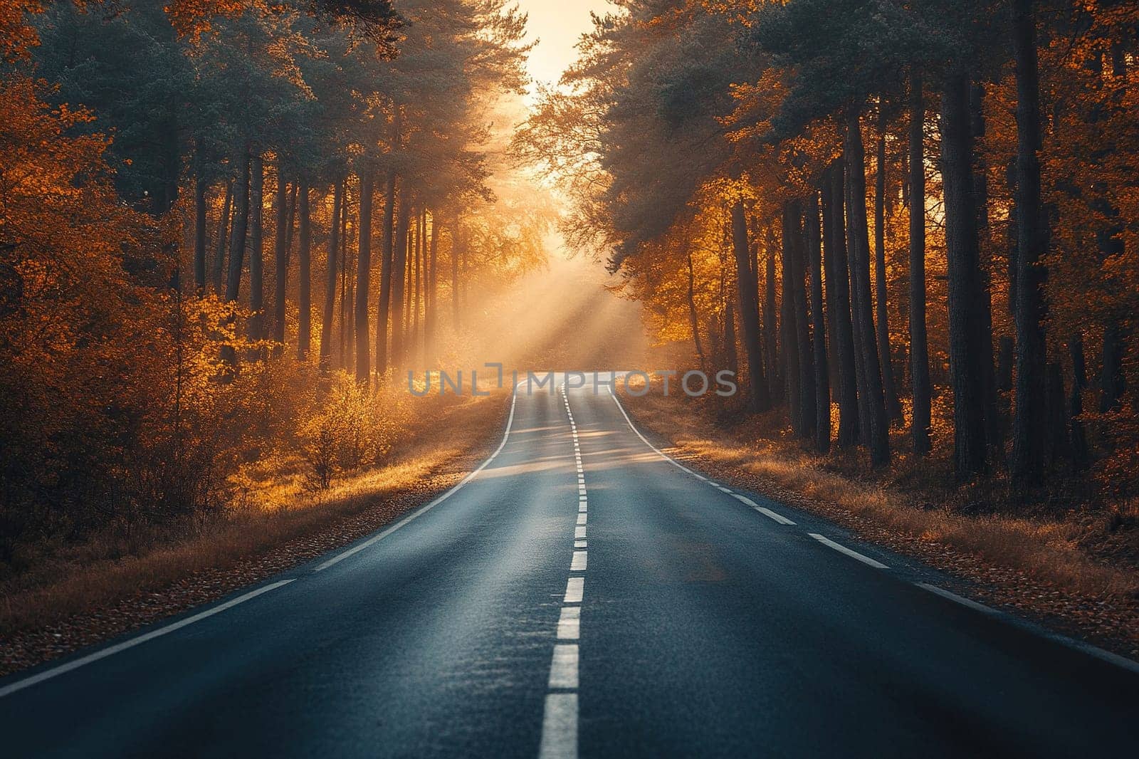 Silhouette of retro car on empty beautiful road surrounded by trees at golden hour.