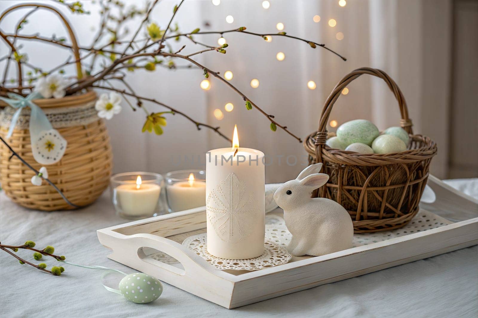 A charming Easter-themed setup with a bunny figurine, a lit candle, colorful eggs, and fresh spring branches. A perfect example of festive decoration for Easter.