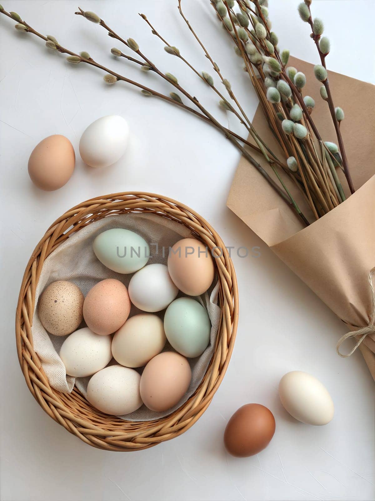 A beautiful flat lay of pastel Easter eggs, arranged in a woven basket and wrapped in kraft paper, with willow branches in the background. Perfect for Easter or spring decor.
