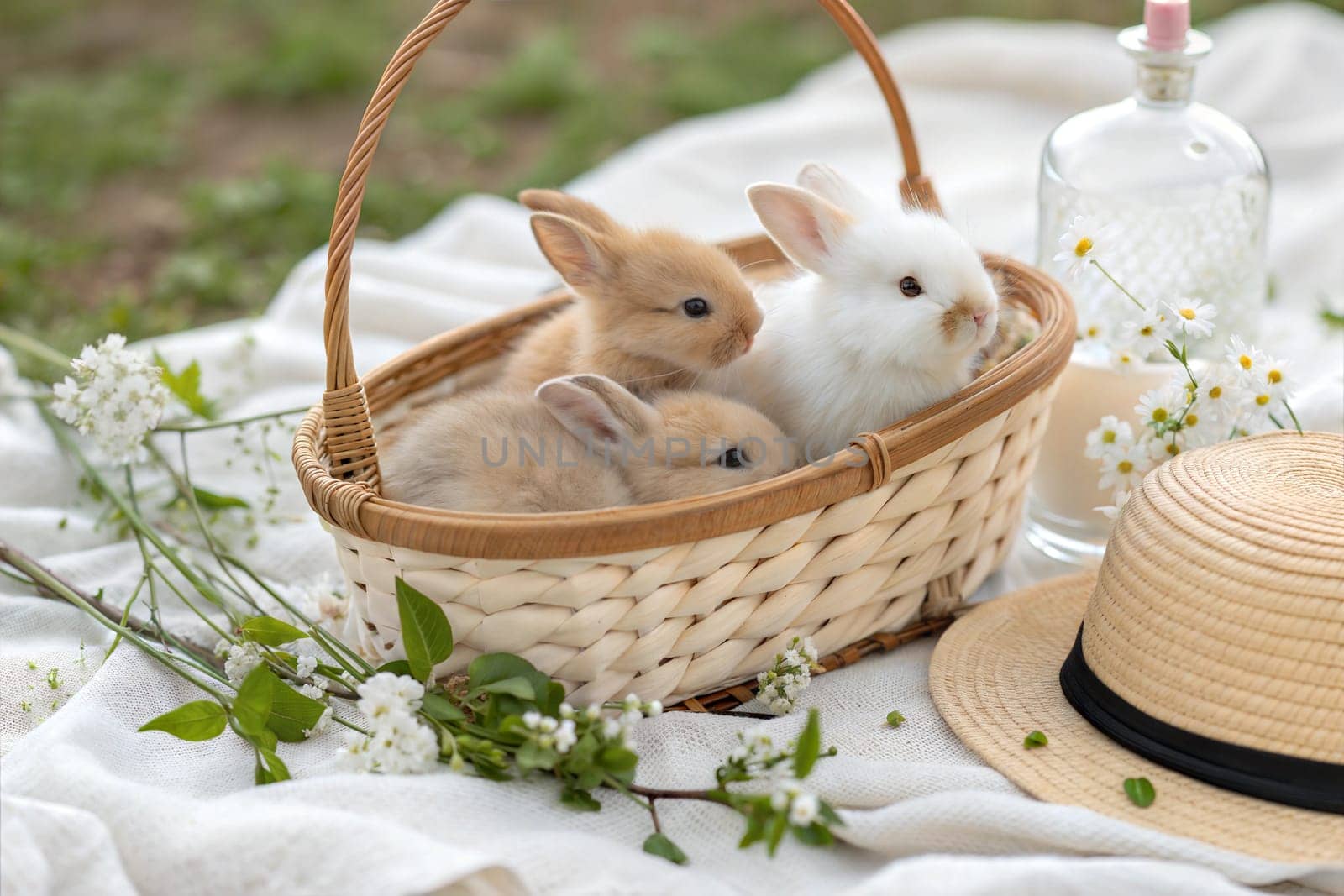 A charming spring scene with four baby rabbits in a light brown wicker basket, surrounded by delicate white flowers, green leaves, and a straw hat. Perfect for Easter, spring, and animal lovers