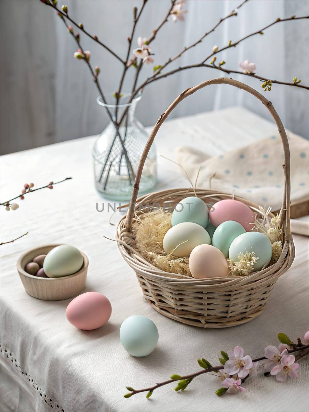 A peaceful spring scene featuring pastel-colored Easter eggs in a basket, surrounded by delicate blossoms, perfect for Easter celebrations and spring decor.