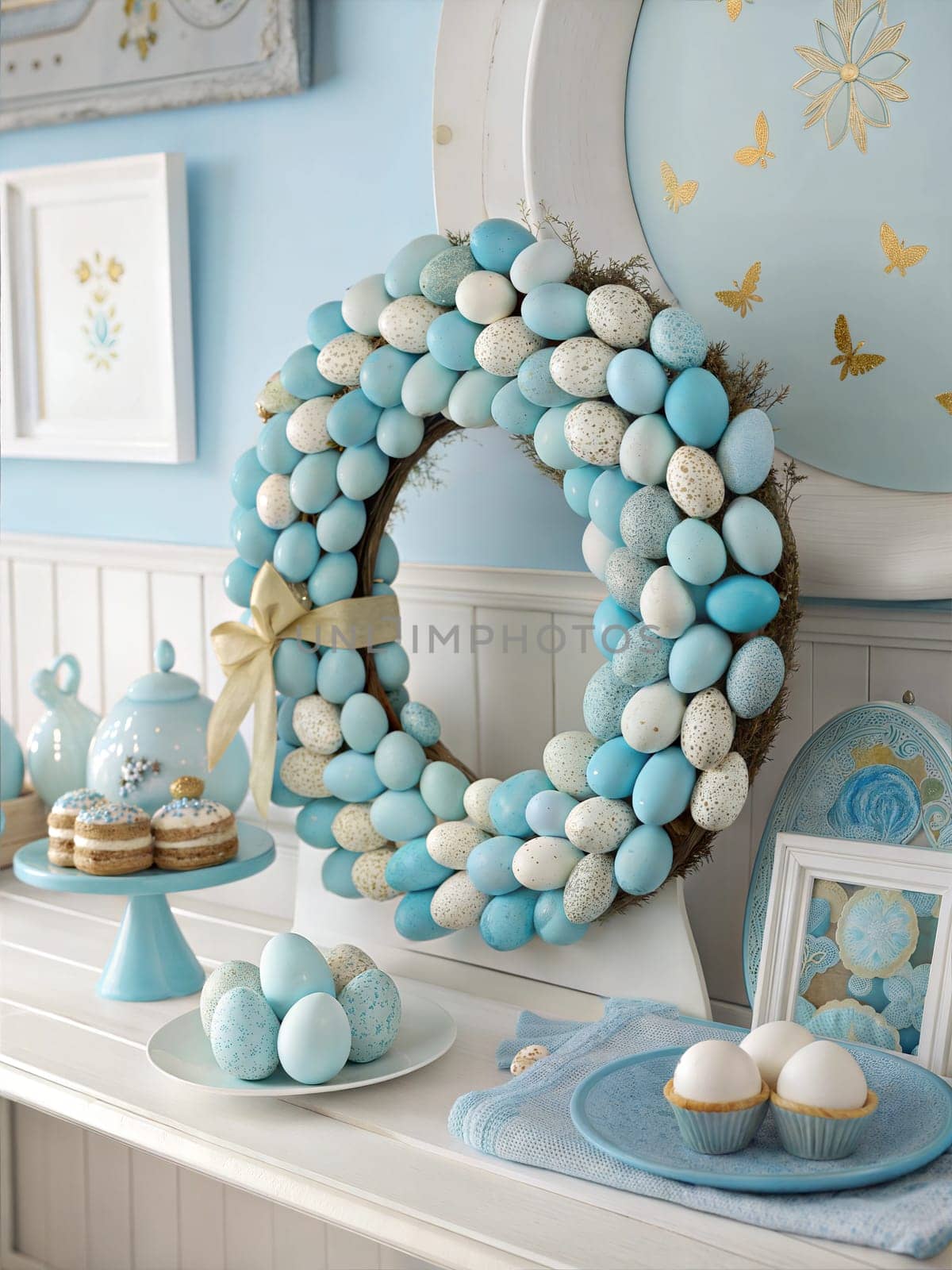 A beautiful Easter wreath made from blue-painted eggs with a springtime theme. The image features a cozy blue color scheme with decorative eggs, a ceramic pitcher, and a basket of eggs, perfect for Easter decoration.
